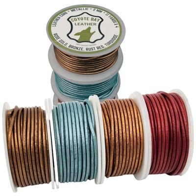 Coyote Bay Genuine Leather Cord Round Spool in 4 Metallic Colors: Bronze, Rose Gold, Rust Red, Turquoise, 11 Yards Each, for Jewelry Making, Crafts, Furniture and Hobby Projects (2 mm)