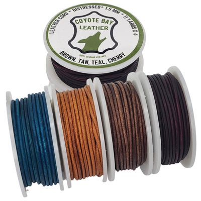 Coyote Bay Genuine Leather Cord in 4 Distressed Colors, 11 Yards Each, for Jewelry Making, Crafts and Hobby Projects (1.5 mm)