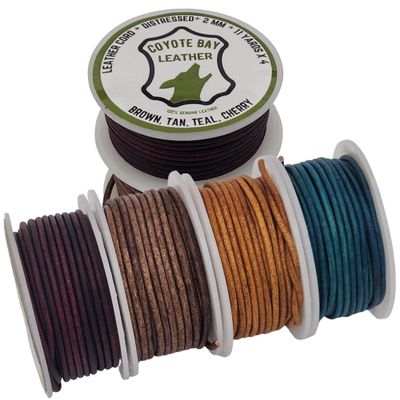 Coyote Bay Genuine Leather Cord Round Spool in 4 Distressed Colors, 11 Yards Each, for Jewelry Making, Crafts and Hobby Projects (2 mm)