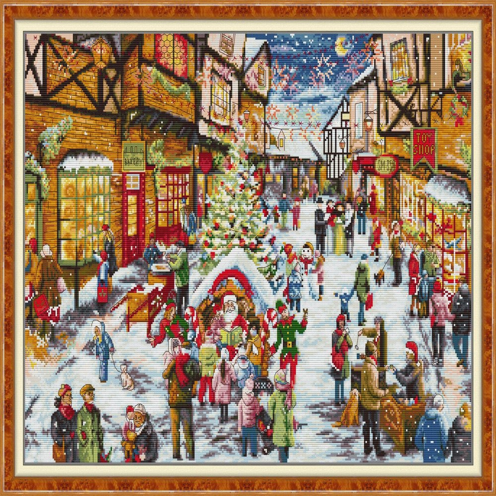 CaptainCrafts New Cross Stitch Kits Embroidery Kit Full Range Beautiful Landscapes Pre-Printed and Counted Fabrics Kits for Adults Beginners Home Decor (Stamped 11CT, Christmas Eve Street)