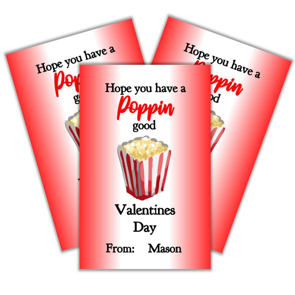 24 personalized school class popcorn Valentines day cards, customized with name,Thanks for poppin by
