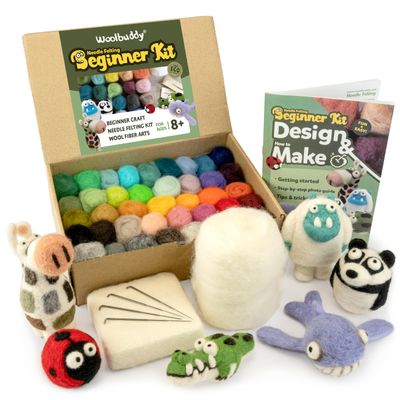 Woolbuddy Needle Felting Starter Kit Make 6 Cute Characters(Yeti, Giraffe, Panda, Ladybug, Whale, Gator) Complete Kit for Beginners & Adults with Wool Roving,Felting Needles,Pad & Instruction Guide