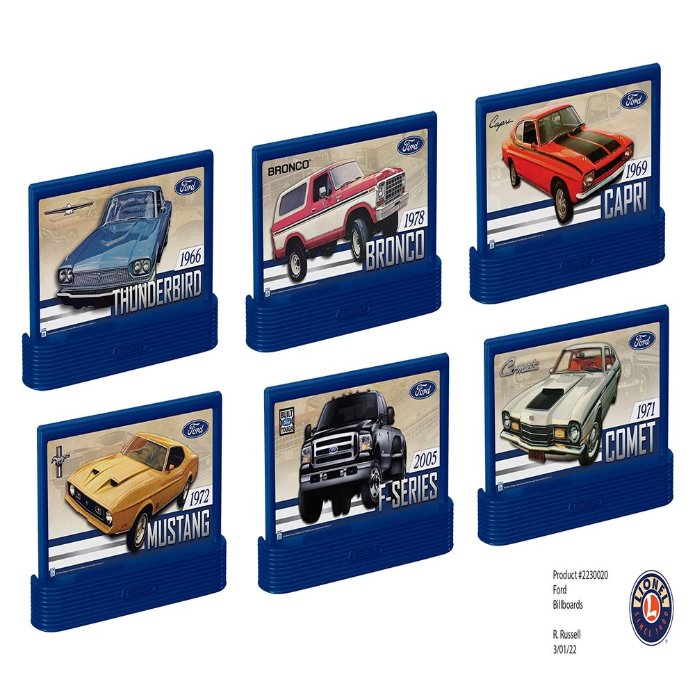 Lionel Ford Billboard Pack O Gauge Model Train Accessories Train Scenery with 3 Billboard Stands & 6 Reversible Signs, Railroad Layout Decorations, Age 14+