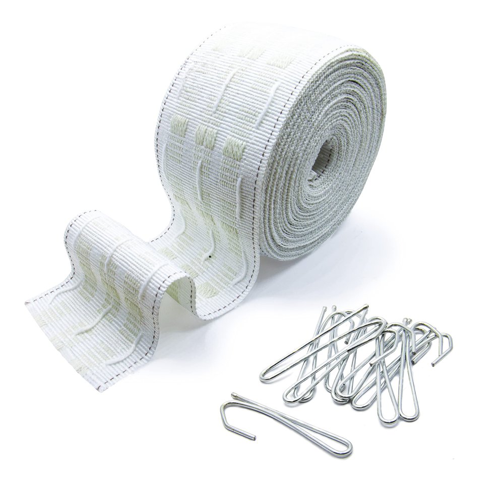 Marcoborthers Curtain Pleating Tape 6 Yards White British Style with 30 Pcs Stainless Steel Curtain Pleat Hook Clip, Perfect for Making Home Decor Projects.
