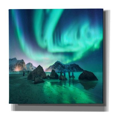 Epic Graffiti 'Green Aurora Borealis And People' by Epic Portfolio, Giclee Canvas Wall Art, 60"x40"