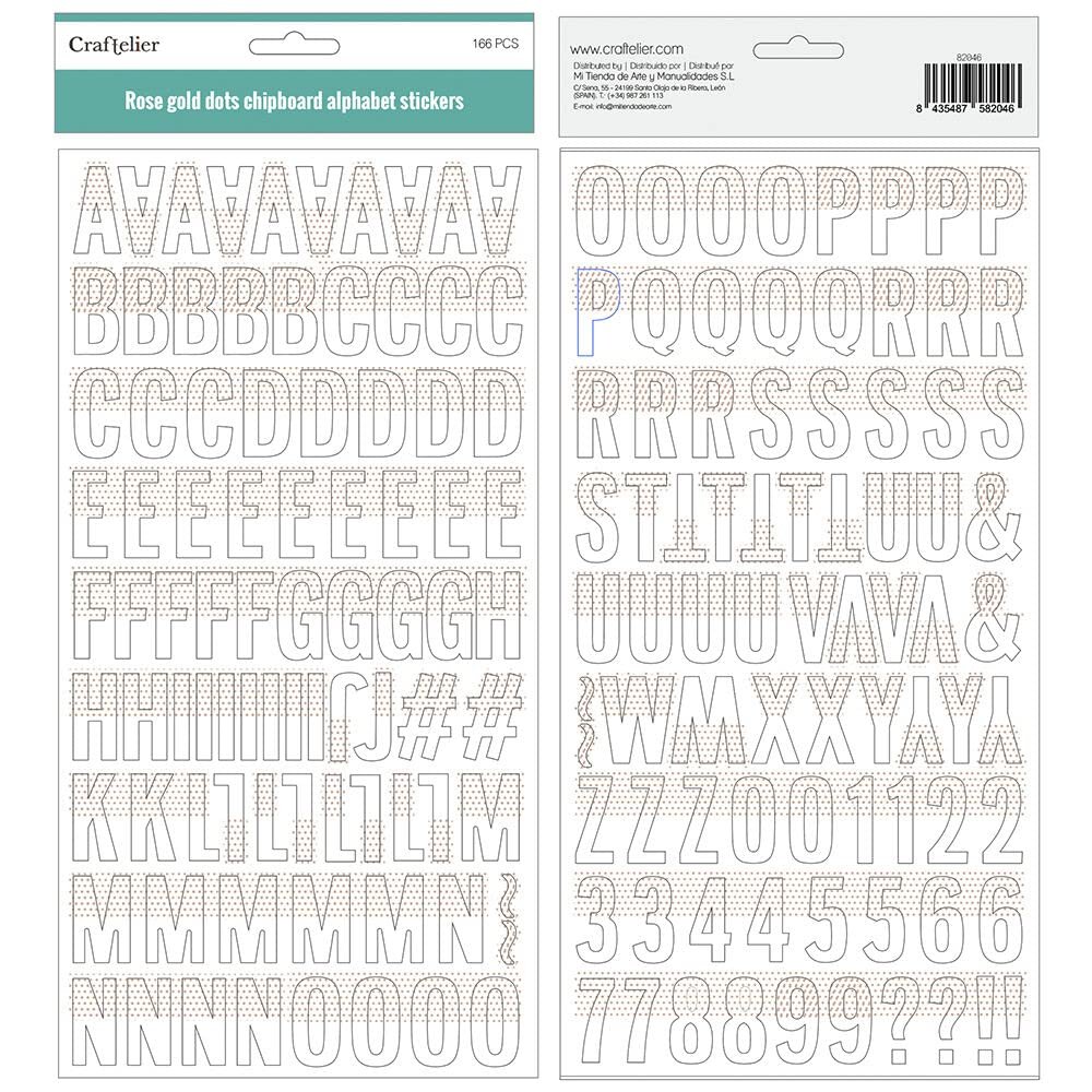 Craftelier - Self-Adhesive Chipboard Stickers with Alphabet Style - Uppercase and Lowercase, Numbers and Special Characters | Includes 166 Pieces - Approximate Size: 2.9 cm | Rose Gold Colour