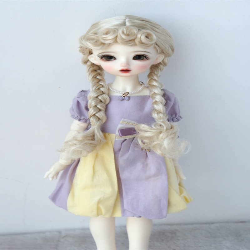 Jusuns JD723 6-7inch 1/6 YOSD Double Thick Braid Pony Curls Bangs Synthetic Mohair BJD Doll Wig (Blond)