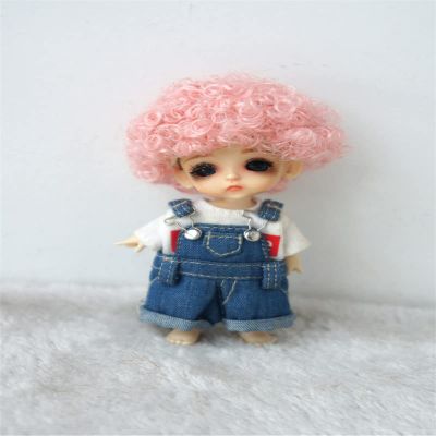 Tiny Doll Wigs JD713 3-4inch 9-10CM Short Afro Tight Curly Synthetic Mohair Lati White BJD Hair (Pink)