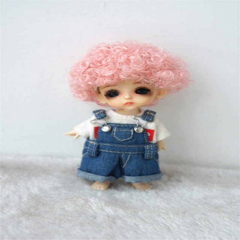 Tiny Doll Wigs JD713 3-4inch 9-10CM Short Afro Tight Curly Synthetic Mohair Lati White BJD Hair (Pink)
