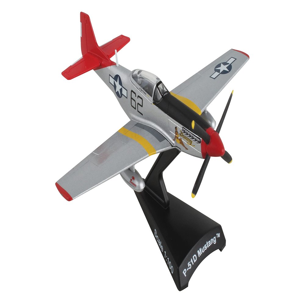 Postage Stamp P-51D Mustang Bunny Red Tail 1/100 Die-Cast Airplane Model Tuskegee Airmen WWII Fighter Aircraft Collectible with Display Stand for Adult Collectors Ages 14+