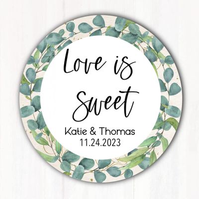 Love is Sweet Wedding Favor Stickers Labels - Custom Wedding Favors Stickers Greenery Eucalyptus Design, Set of 60 2-inch Stickers