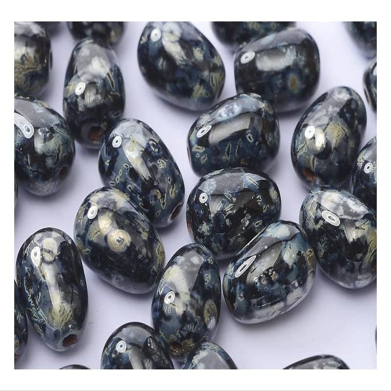 100 pcs Glass Drops 11x8 mm, Jet Picasso, Czech Glass