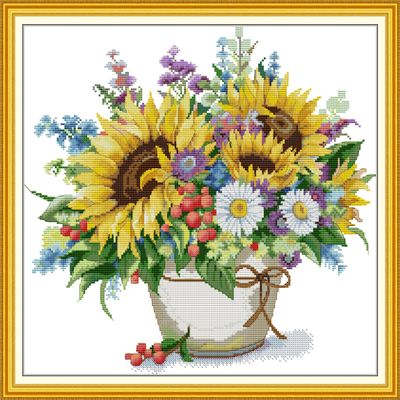 CaptainCrafts Cross Stitch Kits Stamped Cross Stitch Printed 14CT Fabrics DIY Embroidery Kits for Adults Beginners Home Decor (Stamped 14CT, Sunflower Daisy Vase)