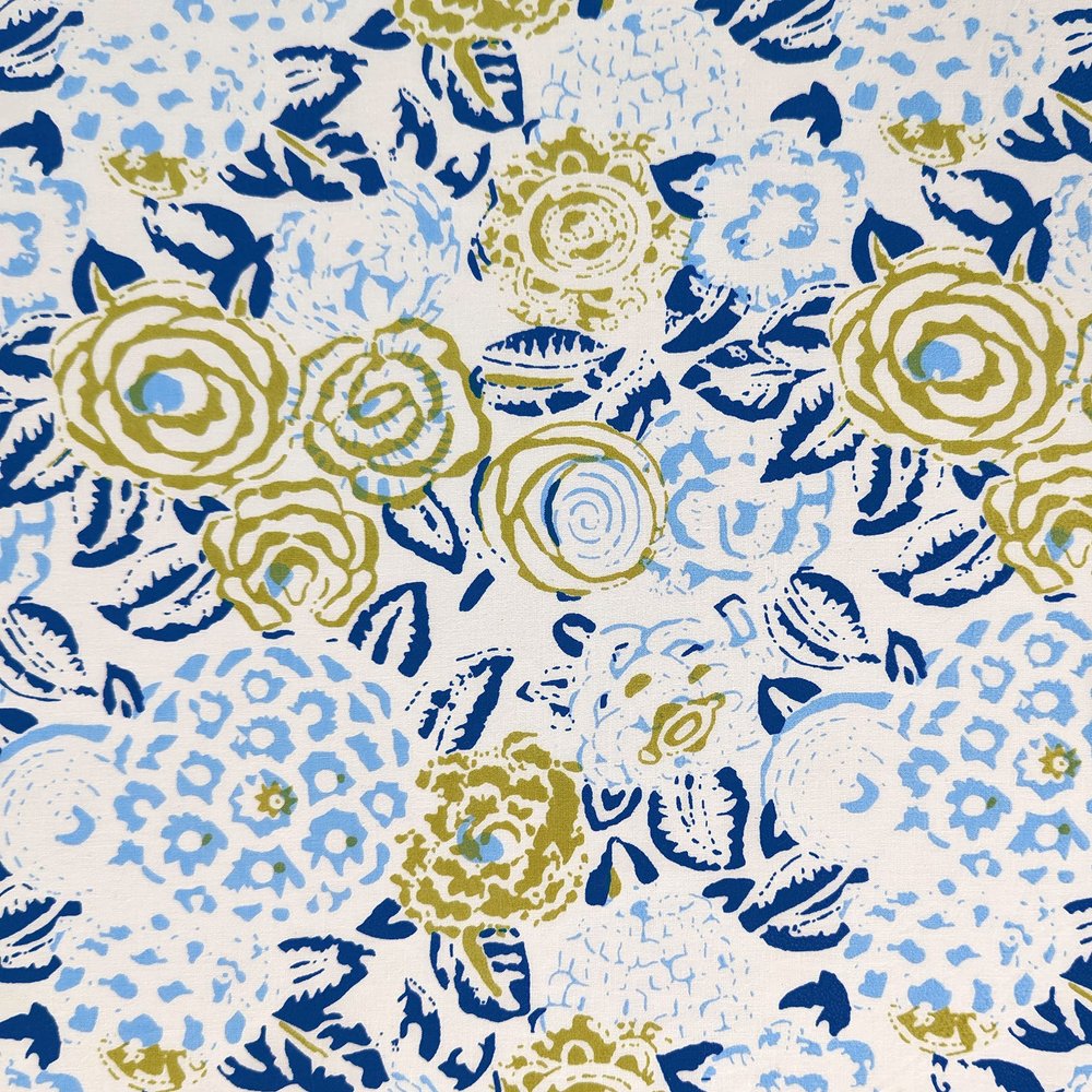 AVKA Studio Hand Block Print Fabric by the yard - PRECUT 1 yard 42 Inch Width - 100% Cotton Material - White & Blue Floral Pattern - Light Weight Indian Cloth for making Summer Dress tops projects etc