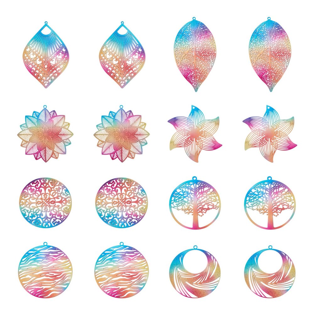 Craftdady 32pcs Filigree Flower Leaf Tree Pendants 8 Styles Colorful Stainless Steel Flat Round Floral Filigree Charms Hollow Joiner Links Pendant Connector Link Big Pendants for Jewelry Making