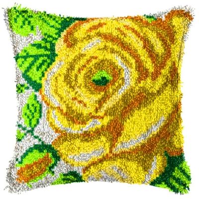 Latch Hook Cushion Kits Rose in Yellow Latch Hook Kits DIY Throw Pillow Embroidery Craft Kits for Beginner DIY Latch Hook Rug Kit Canvas Home Decor 43x43cm