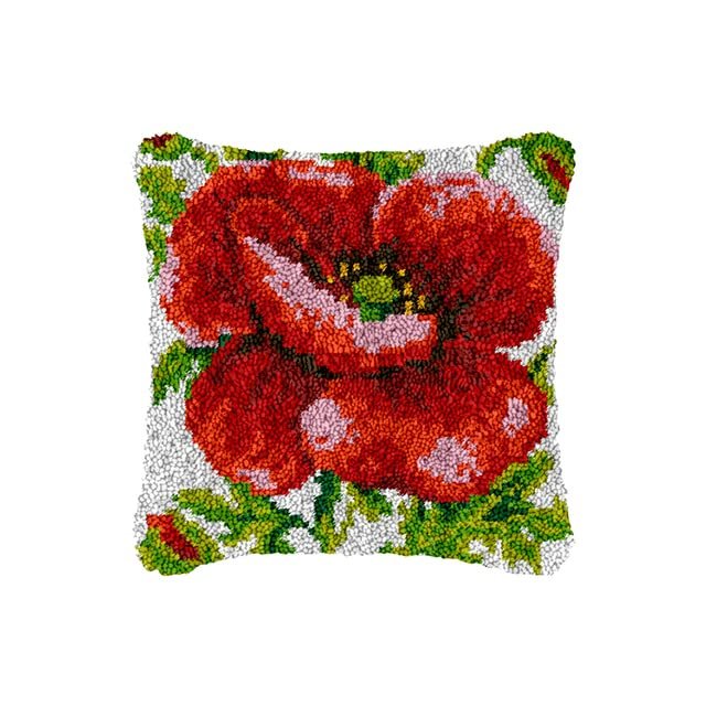 Latch Hook Cushion Kits Red Poppy Latch Hook Kits DIY Throw Pillow Embroidery Craft Kits for Beginner DIY Latch Hook Rug Kit Canvas Home Decor 43x43cm