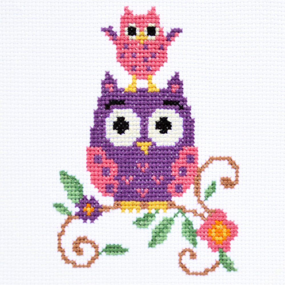 Povitrulya Funny owl - Counted Cross Stitch kit - DIY Set for Hand Embroydery with Paper Pattern, 14 Count Blank Aida Canvas and Pre-Sorted Floss for Kids and Adult