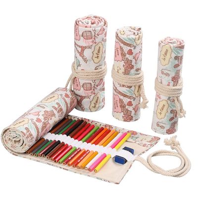 DIYOMR 24/36/72 Slots Pencil Wrap Pencil Rolls, Artist Colored Pencils Roll Up Bag Short Brushes Pouch Case Pencils Organizer for Drawing Coloring and Sketching (Paris Tower, 36slots)