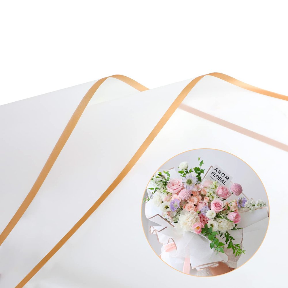 CCINEE 20 Sheets Gold Edge Flower Wrapping Paper,Waterproof Fresh Flower Packing Material Florist Bouquet Supplies DIY Craft Gift Packing,White