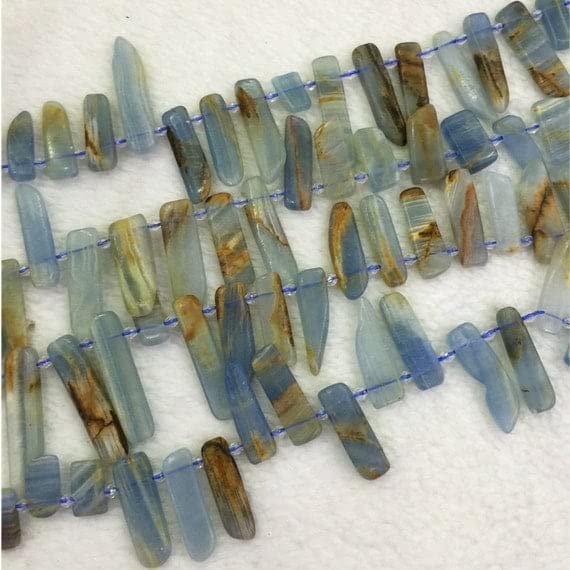 1 Strands Natural Blue Calcite Slabs Slices Flat Stick Beads Drill Side Fit Jewelry Necklace Bracelets Size: 7-8mm X 10-25mm 15" 04317