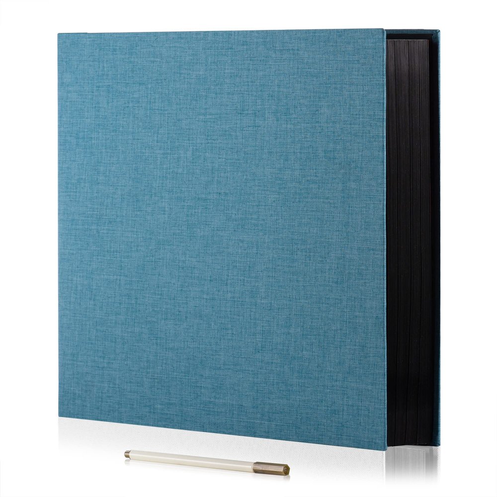 HoneyTolly Large Photo Album Self Adhesive 4x6 8x10 10x12 13"x12.6" Scrapbook Album 12.6"x11" Inch 60 Black Sticky Pages Linen Cover Magnetic Photo Album with A Metallic Pen and DIY Stickers(Sky Blue)