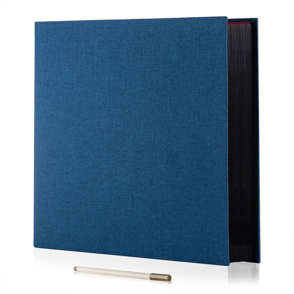 HoneyTolly Large Photo Album Self Adhesive 4x6 8x10 10x12 13"x12.6" Scrapbook Album 12.6"x11" Inch 60 Black Sticky Pages Linen Cover Magnetic Photo Album with A Metallic Pen and DIY Stickers(Blue)