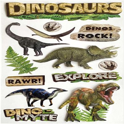Paper House Productions Die-Cut Dimensional, Glitter & Foil Accent Scrapbook Sticker Sheet - Dinosaur Adventure