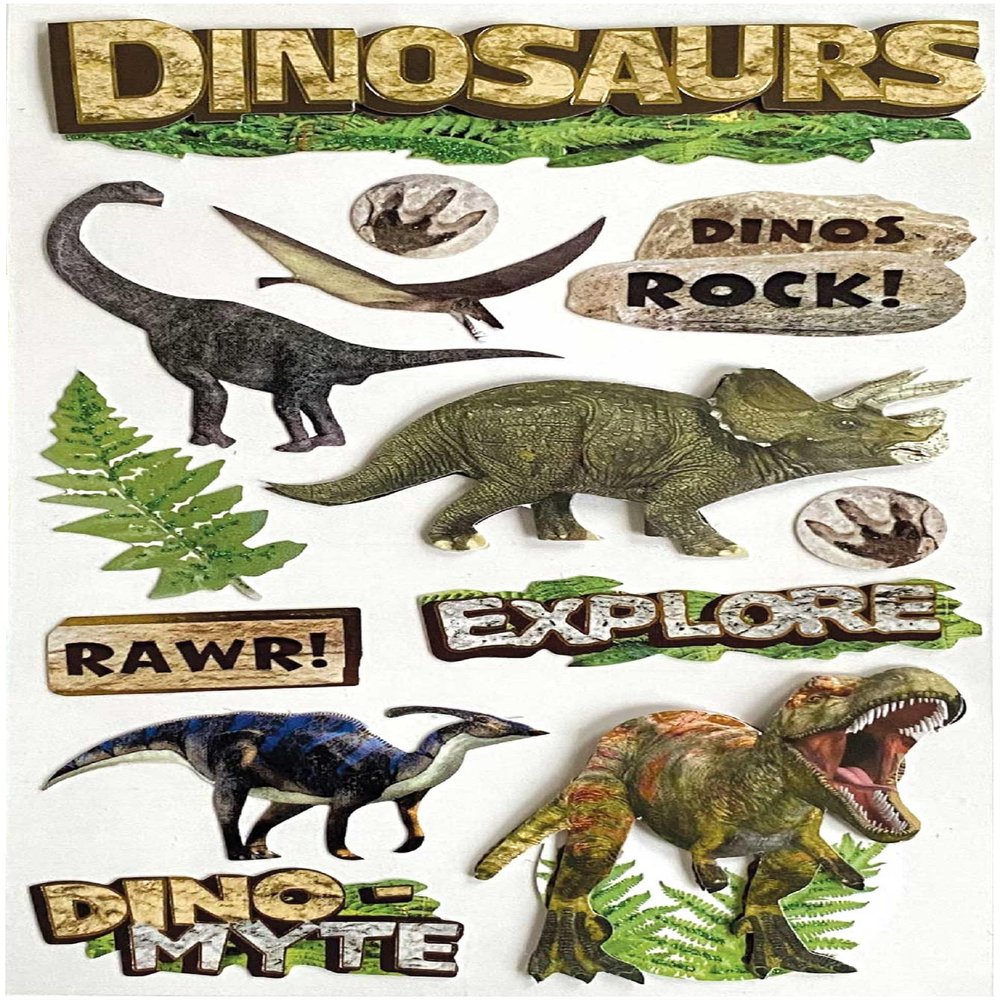 Paper House Productions Die-Cut Dimensional, Glitter & Foil Accent Scrapbook Sticker Sheet - Dinosaur Adventure
