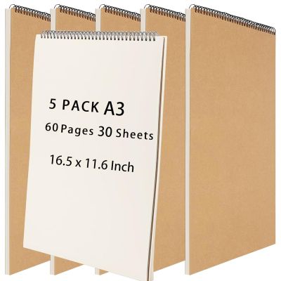 HEIHAK 5 Pack A3 16.5 x 11.6 Inch Sketch Notebooks, 60 Pages 30 Sheets Top Spiral Bound Pocket Sketchbooks, Spiral Notepads Sketch Pads Bulk for Kids Drawing, Sketching, Painting, Writing