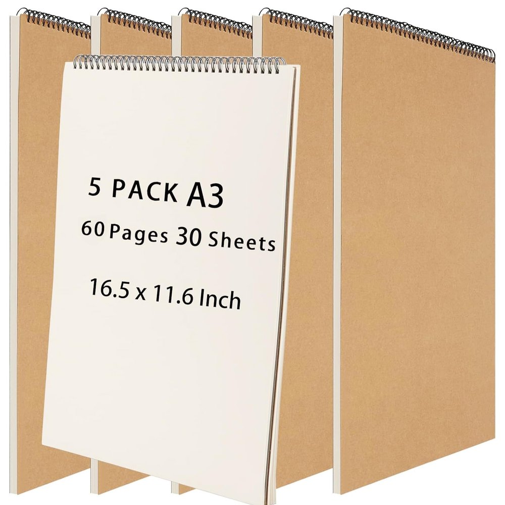 HEIHAK 5 Pack A3 16.5 x 11.6 Inch Sketch Notebooks, 60 Pages 30 Sheets Top Spiral Bound Pocket Sketchbooks, Spiral Notepads Sketch Pads Bulk for Kids Drawing, Sketching, Painting, Writing