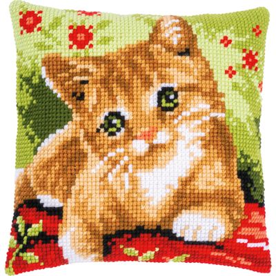 Vervaco Stamped Cross Stitch Cushion Kit Cute Kitten Design, 15 x 15 inch, DIY Embroidery Pillow Cover Craft Kit