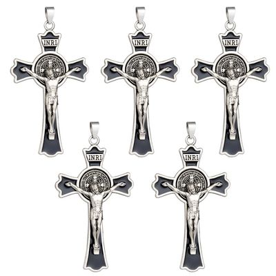 diyalo St. Benedict Exorcism Crucifix Cross Pendant for DIY Rosary Necklace Chaplet Part Jewelry Making Accessories Charms 5Pcs Bulk (Thick-silver color)