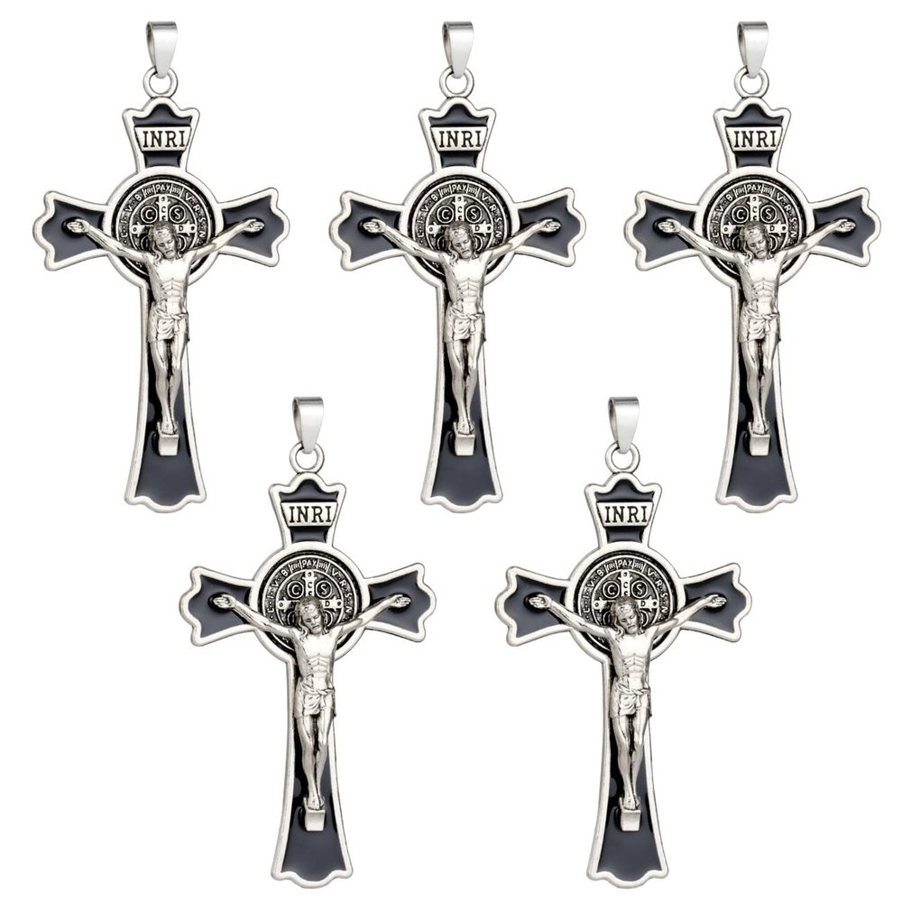 diyalo St. Benedict Exorcism Crucifix Cross Pendant for DIY Rosary Necklace Chaplet Part Jewelry Making Accessories Charms 5Pcs Bulk (Thick-silver color)