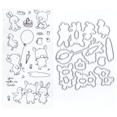 DzIxY Pigs Rabbit Balloon Clear Stamps and Metal Cutting Dies Sets for Card Making Scrapbooking Paper Supplies Seals Storage Pockets
