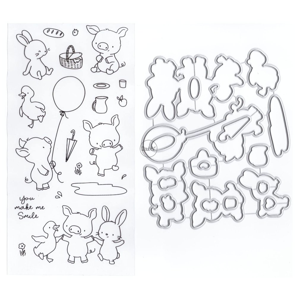DzIxY Pigs Rabbit Balloon Clear Stamps and Metal Cutting Dies Sets for Card Making Scrapbooking Paper Supplies Seals Storage Pockets