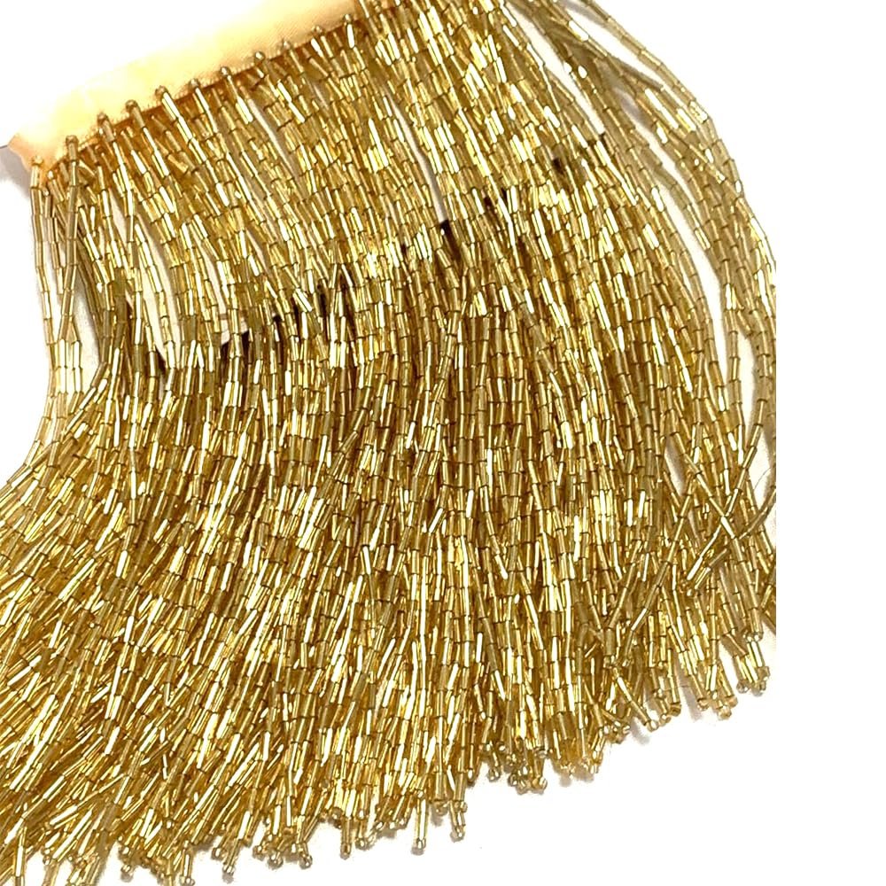 Labellezalady 6 inches Wide Gold Glass Beaded Fringe Trim,Shiny Tassel Fringe Trim for Crafts DIY Prom Dress, Clothes,Home Decoration