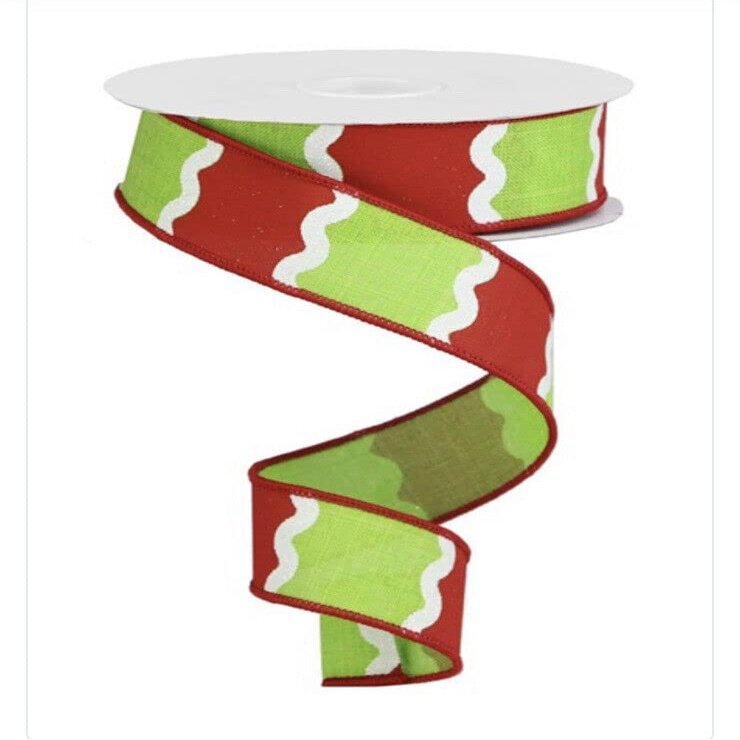 10 Yards 1.5in Wired Lime Green, Red & White Wavy Stripe Faux Linen Ribbon