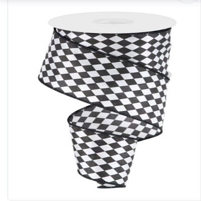 10 Yards 2.5in Wired Black & White Small Harlequin Check Satin Ribbon