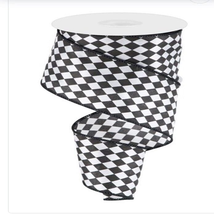 10 Yards 2.5in Wired Black & White Small Harlequin Check Satin Ribbon