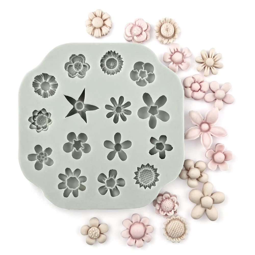 Flower Polymer Clay Molds, 2Pcs Polymer Clay Molds for Jewelry Making, Daisy Sunflower Rose Miniature Silicone Molds (15Flowers)