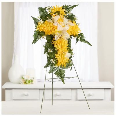 Premade Yellow Silk Flowers Cross Cemetery Arrangement with Metal Easel for Graveside Memorial Day Decoration or Funeral Floral Spray for Mother, Father, Mom, Dad, Sister, Brother or Loved One