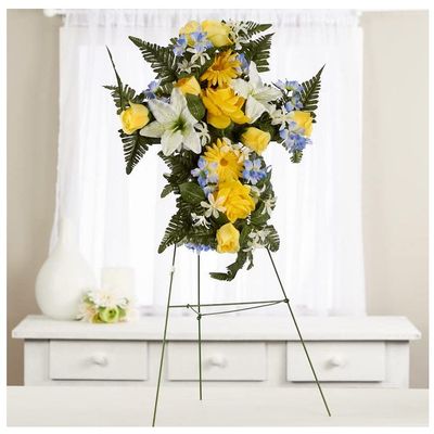 Premade Yellow and Blue Silk Flowers Cross Cemetery Arrangement with Metal Easel for Graveside Memorial Day Decoration, Funeral Floral Spray for Mother, Father, Mom, Dad, Sister, Brother or Loved One