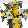 Premade Yellow and Blue Silk Flowers Cross Cemetery Arrangement with Metal Easel for Graveside Memorial Day Decoration, Funeral Floral Spray for Mother, Father, Mom, Dad, Sister, Brother or Loved One view 3