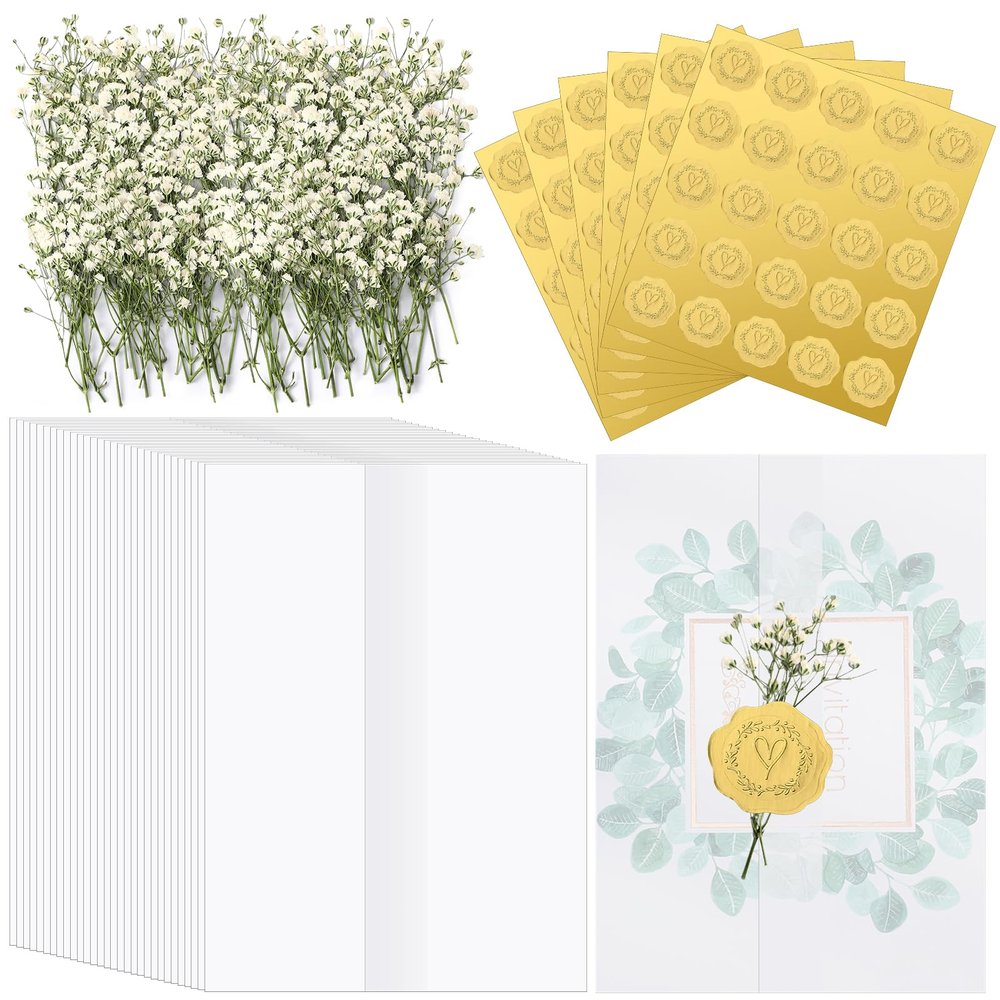 Fabbay 50 Sets Wedding Invitations Wraps Set Envelope for 5 x 7 Inch Invitations Self Adhesive Gold Wax Seal Sticker Natural Dried Flowers for DIY Photos Cards Baby Shower Party