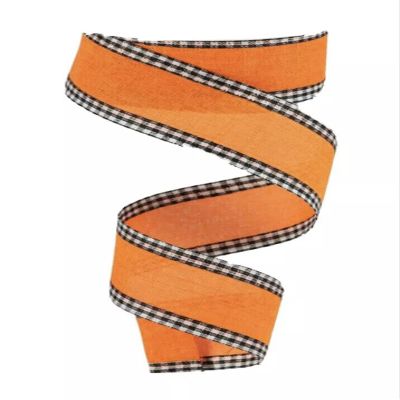 10 Yards 1.5 in Bright Orange Faux Burlap Black & White Gingham Check Edge Ribbon