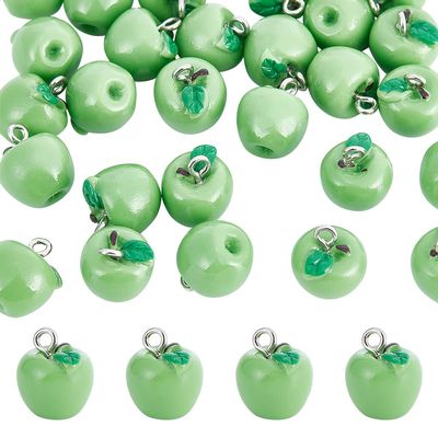 CHGCRAFT 30Pcs Green Apple Fruit Charms Resin Fruit Pendants 3D Dangle Pendant Ornaments with Hanging Loops for Earring Bracelet Necklace Keychain, 15x12mm