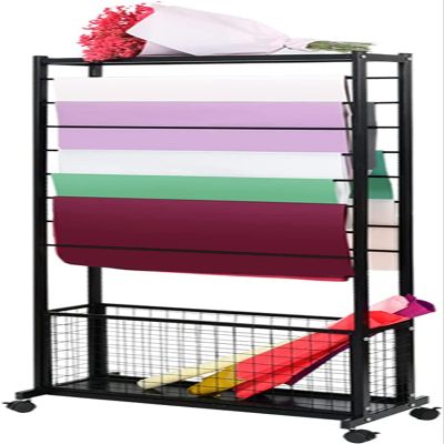 Crafts Ribbon Holder Organizer Rack Ribbon Storage Organiser, Large Wrapping Paper Rack Cart/Vinyl Roll Keeper Dispenser for Craft Room Show Ribbons, Double Sided Floor Stand with Wheels (Color : Bla