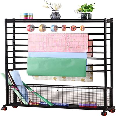 Crafts Ribbon Holder Organizer Rack Wide 100cm Ribbon Rack Holder, Metal Double Sided Spool Thread Wrapping Paper Storage Organizer Cart with Mesh Basket, Vinyl Rolls Stand for Craft Room (Color : Bl