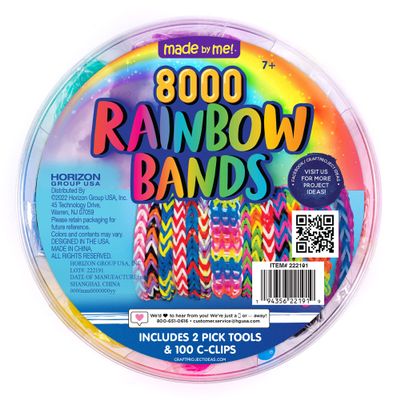 Made By Me Mega Bucket of Multicolored Bands, 8000 Bands in 8 Vibrant Colors, Bonus Premium Hooking Tools & C-Clips for Rubber Band Bracelet Weaving, 7+